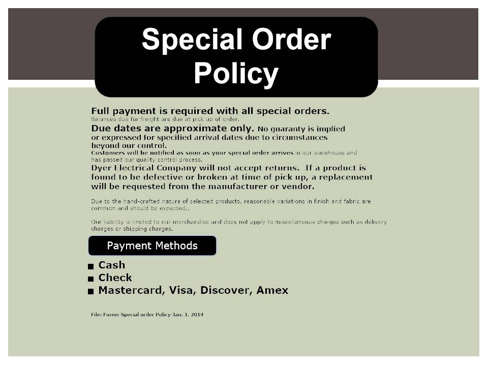 Special Order Policy